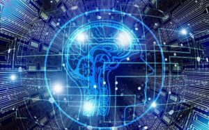A silhouette of a human being that shows his brain for artificial intelligence